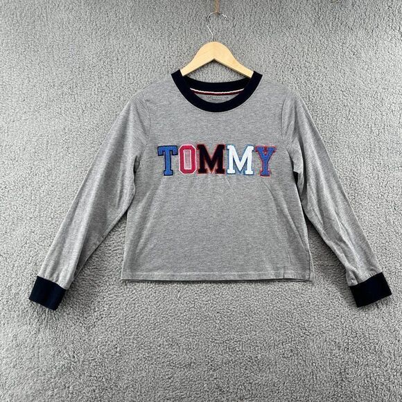 TOMMY HILFIGER Cropped Pajama Shirt Embroidered logo appliqués vasity style Y2K - Picture 3 of 14